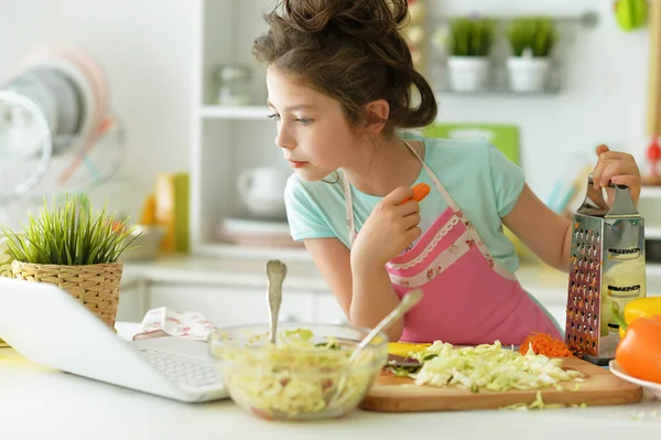 Cute Girl Preparing Healthy Salad Kitchen Table Laptop — Stock Photo, Image
