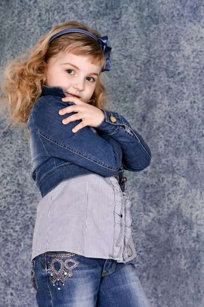 Cute Little Girl Jeans Jacket Posing Studio — Stock Photo, Image