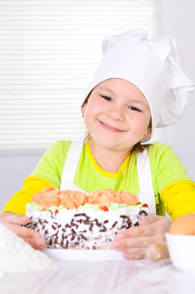 Cute Girl Baking Cake Kitchen Home — Stock Photo, Image