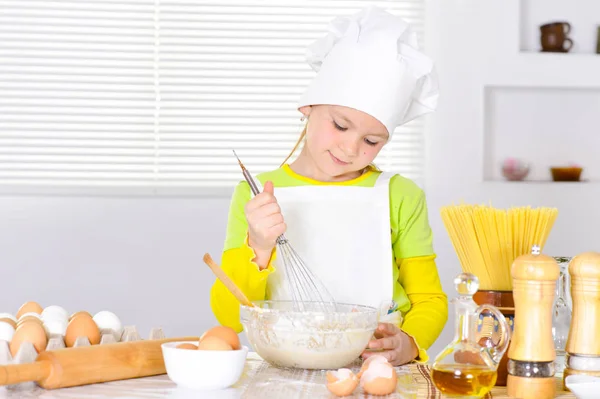 Cute Little Girl Chef Hat Baking Cake Kitchen Home — Stock Photo, Image