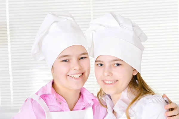 Cute Girls Chef Hats Aprons Kitchen Home — Stock Photo, Image