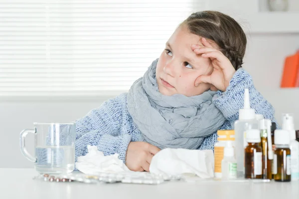 Young Sick Girl Medicines Sitting Table — Stock Photo, Image