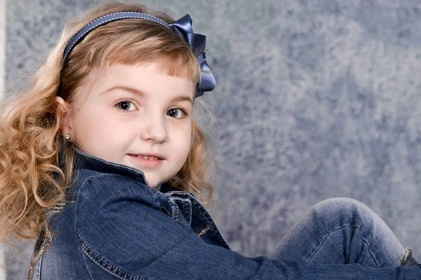 Cute Little Girl Jeans Jacket Posing Studio — Stock Photo, Image