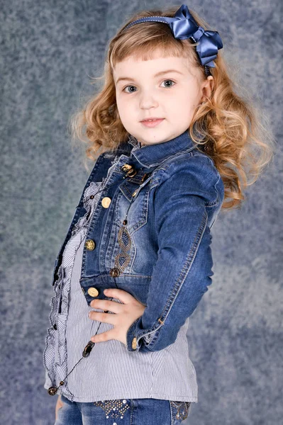 Cute Little Girl Jeans Jacket Posing Studio — Stock Photo, Image