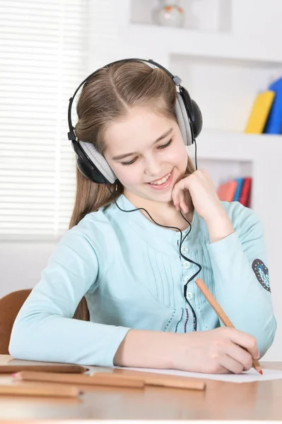 Cute Schoolgirl Sitting Table Drawing Home — Stock Photo, Image