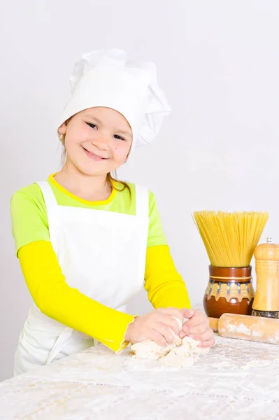 Cute Little Girl Chef Hat Baking Cake Kitchen Home — Stock Photo, Image