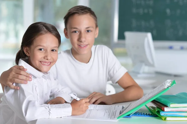 Broer Zus Samen Huiswerk Maken — Stockfoto