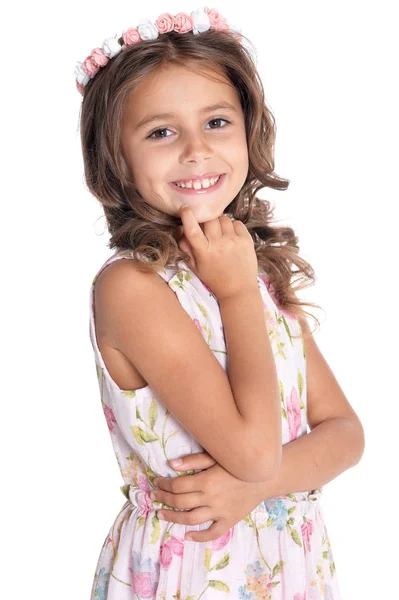 Ευτυχισμένη Κοριτσάκι Θέτοντας Απομονώνονται Λευκό Φόντο — Φωτογραφία Αρχείου