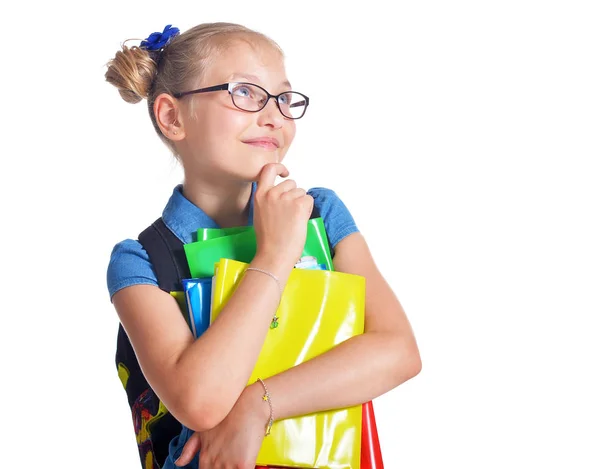 Linda Colegiala Con Mochila Posando Aislada Sobre Fondo Blanco — Foto de Stock