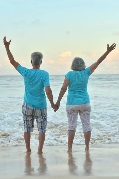 Happy Elderly Couple Resting Beach Waving Hands — Stock Photo, Image