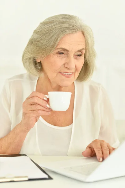 Mulher Sênior Trabalhando Mesa Com Laptop — Fotografia de Stock