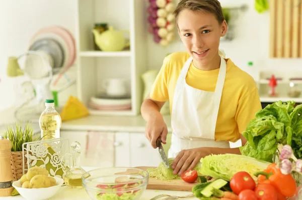 Cute Boy Cutting Cabbage Kitchen — Stock Photo, Image