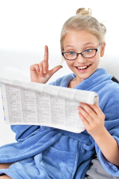 Cute Girl Eyeglasses Blue Bathrobe Reading Newspaper — Stock Photo, Image