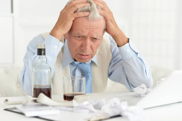 Portrait Upset Senior Businessman Drinking Alcohol While Working Office — Stock Photo, Image