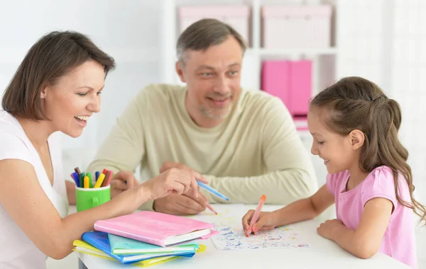 Parents Little Girl Doing Homework Together Home — Stock Photo, Image