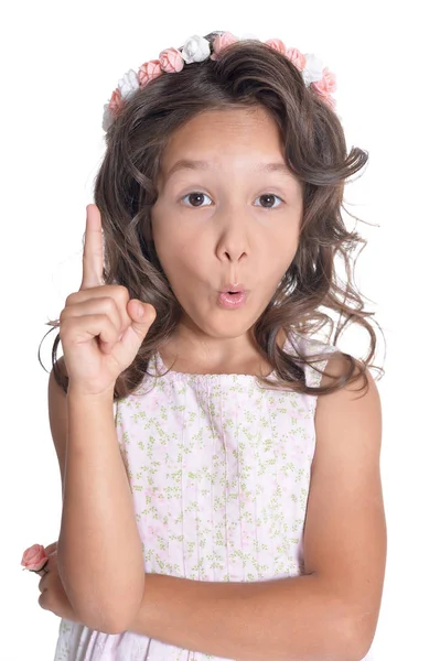 Gelukkig Klein Meisje Omhoog Met Vinger Geïsoleerd Witte Achtergrond — Stockfoto