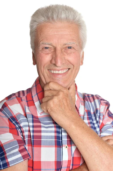 Улыбающийся Пожилой Человек Позирует Изолированно Белом Фоне — стоковое фото