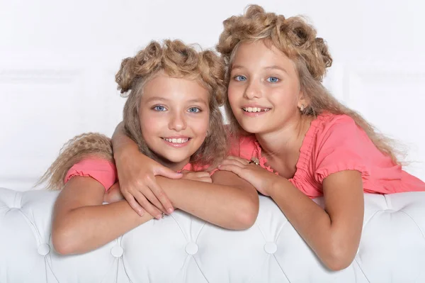 Two Adorable Twin Sisters Beautiful Pink Dresses Modern Hairstyles Posing — Stock Photo, Image