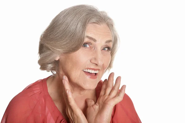 Portrait Senior Woman Blue Blouse Posing Isolated White Background — Stock Photo, Image