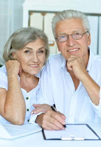 Happy Senior Couple Using Laptop Home — Stock Photo, Image