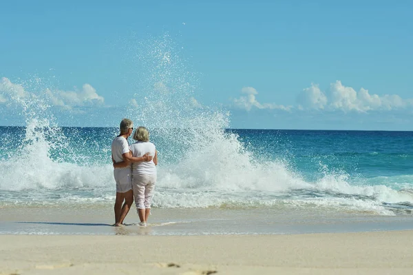 Happy Elderly Couple Resting Tropical Beach — Stock Photo, Image