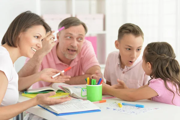 Big Happy Family Doing Homework Together Home — Stock Photo, Image