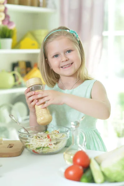 Cute Little Girl Preparing Salad Kitchen Table Home — Stock Photo, Image