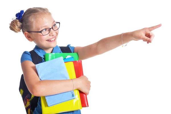 Söt Skolflicka Med Ryggsäck Poserar Isolerad Vit Bakgrund — Stockfoto