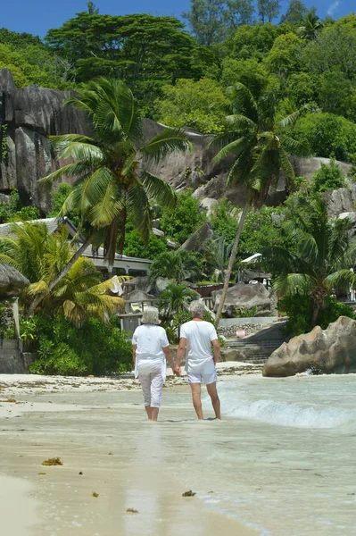 Feliz Pareja Ancianos Caminando Playa Tropical — Foto de Stock