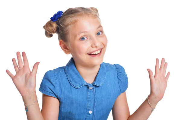 Niña Emocional Camisa Azul Posando Aislado Sobre Fondo Blanco —  Fotos de Stock