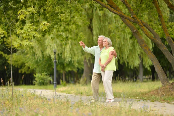 Happy Senior Couple Park Outdoors Man Pointing Finger — Stock Photo, Image