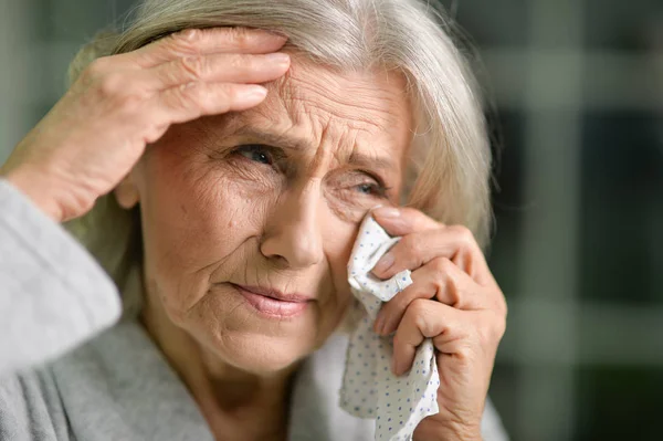 Portrait Gros Plan Une Femme Âgée Stressée Qui Pleure — Photo