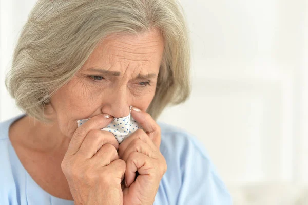 Close Portrait Stressed Senior Woman Crying — Stock Photo, Image