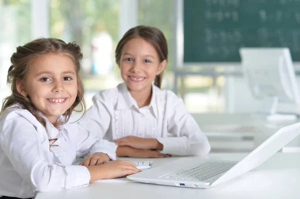 Två Vackra Små Flickor Klassen Med Laptop — Stockfoto
