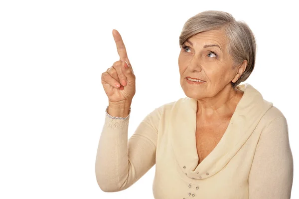 Bella Donna Anziana Posa Isolata Sfondo Bianco Che Punta — Foto Stock