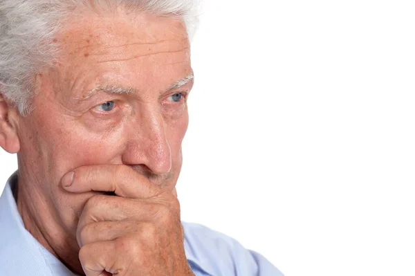 Portret Van Sad Senior Man Geïsoleerd Witte Achtergrond — Stockfoto