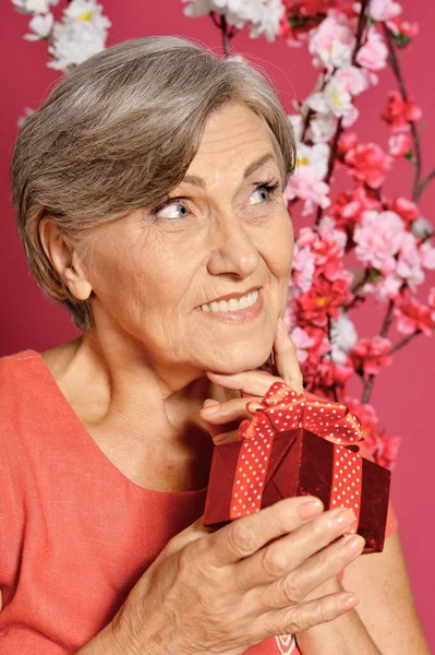 Porträt Einer Lächelnden Seniorin Die Mit Geschenk Posiert — Stockfoto