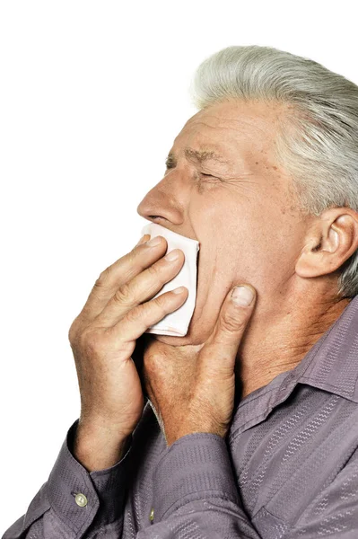 Retrato Triste Anciano Enfermo Con Dolor Garganta — Foto de Stock