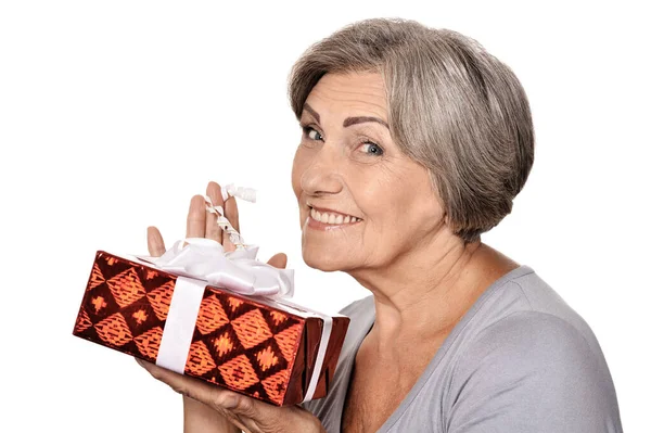 Portrait Smiling Senior Woman Posing Present — Stock Photo, Image