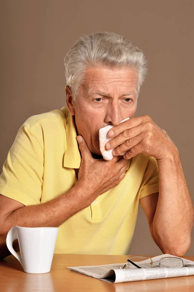 Portrait Sad Sick Senior Man Sore Throat — Stock Photo, Image