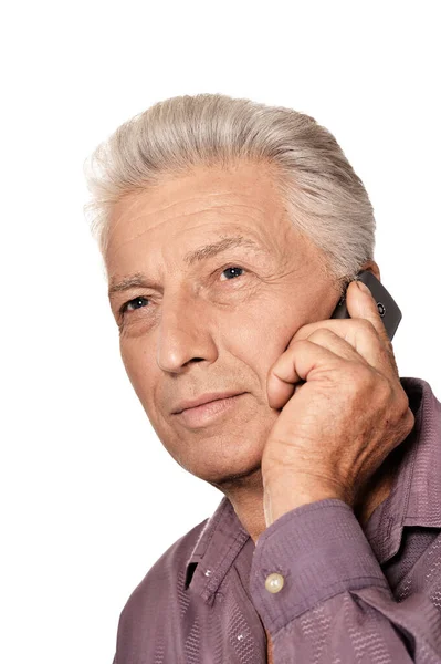 Starszy Mężczyzna Telefonem Białym — Zdjęcie stockowe