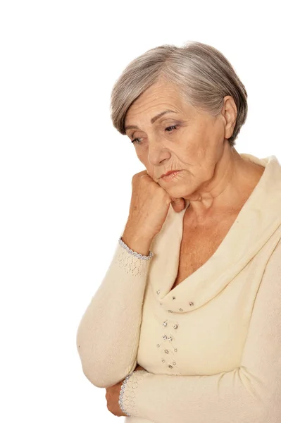 Ernste Seniorin Posiert Isoliert Auf Weiß — Stockfoto