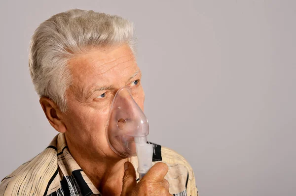 Portrait Sick Senior Man Inhaler — Stock Photo, Image