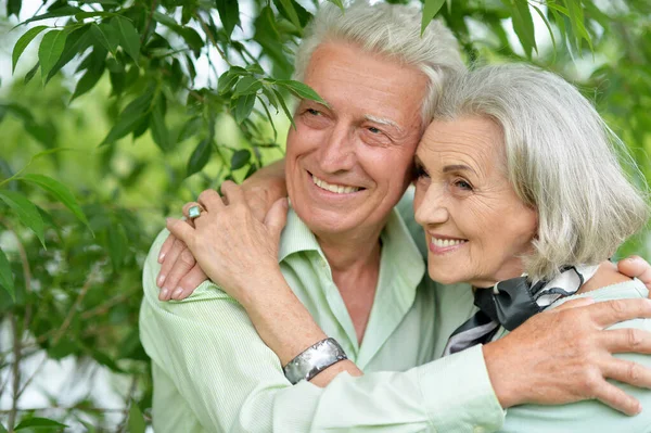 Happy Senior Woman Man Hugging Park — Stock Photo, Image