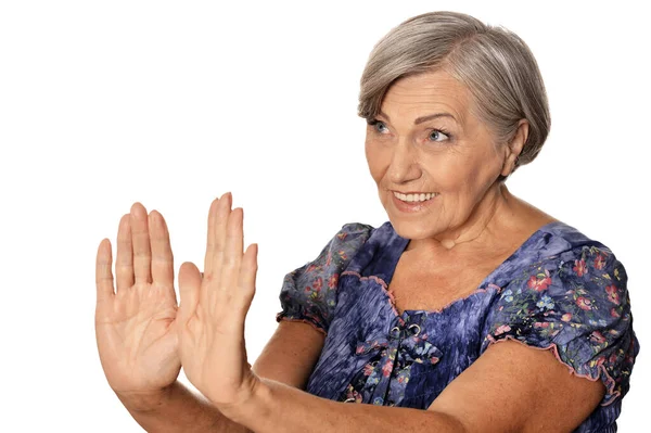 Schöne Seniorin Mit Stop Geste Isoliert Auf Weißem Hintergrund — Stockfoto