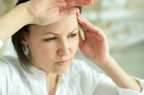 Sad Ill Young Woman Home Headache — Stock Photo, Image