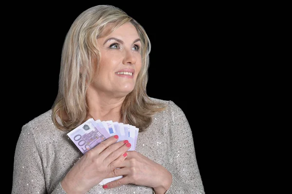 Mulher Idosa Feliz Com Euros — Fotografia de Stock