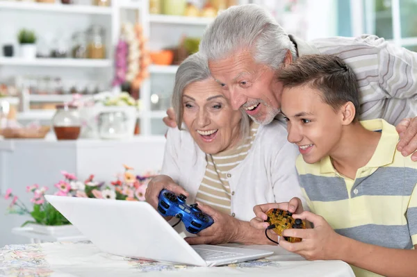 Glückliches Seniorenpaar Mit Enkel Beim Laptop Spielen — Stockfoto