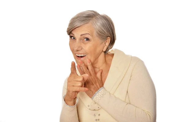 Bella Donna Anziana Posa Isolata Sfondo Bianco Che Punta — Foto Stock