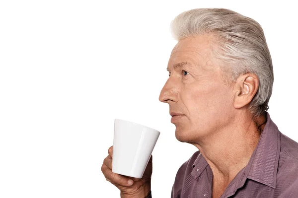 Portrait Senior Man Drinking Cup Coffee — Stock Photo, Image